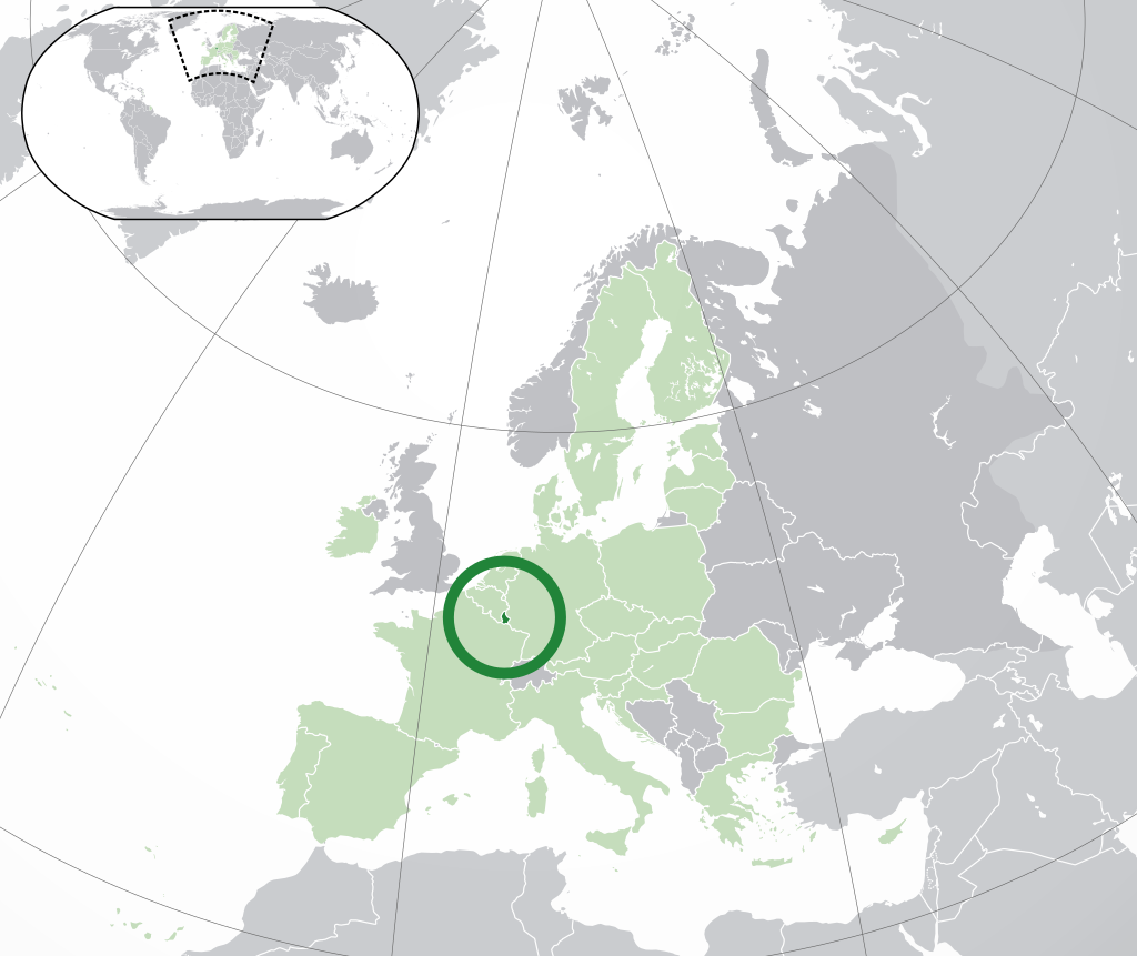 Location of .mw-parser-output .nobold{font-weight:normal}Luxembourg (dark green) – in Europe (green & dark grey) – in the European Union (green)