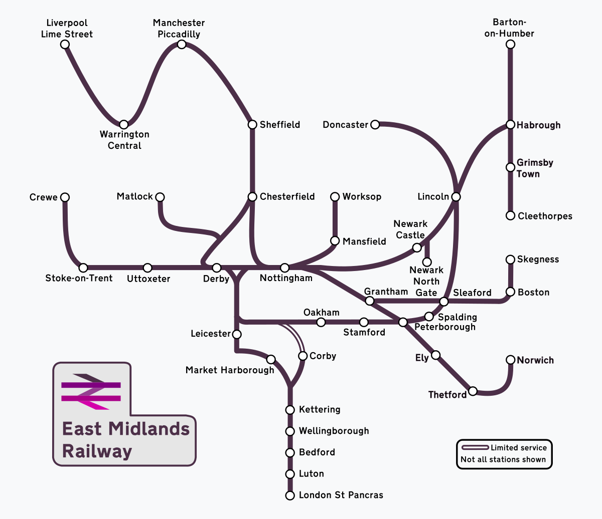 East midlands. The East Coast main line and Nottingham to Lincoln line Cross.