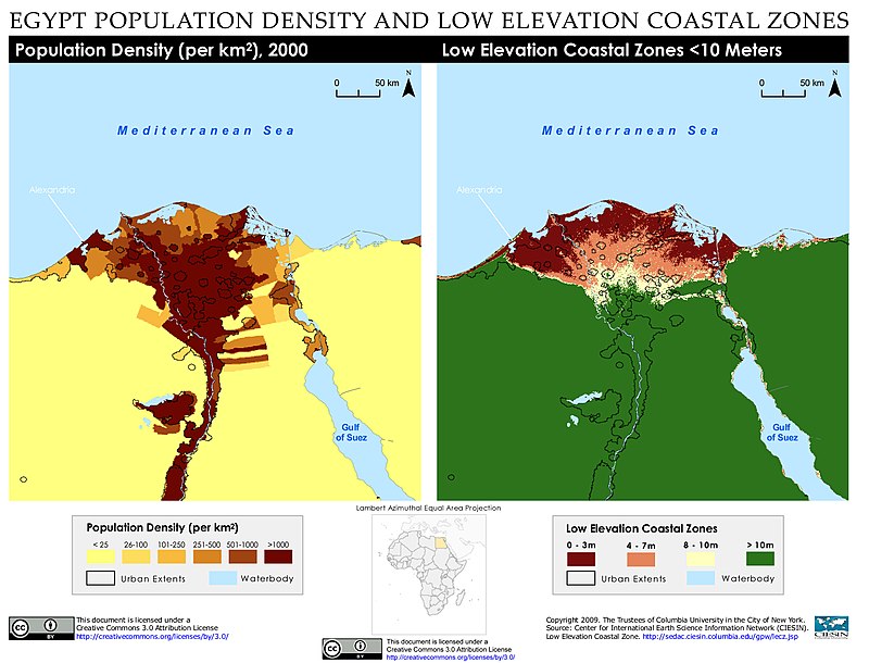 Population density and low elevation coastal zones. The Nile delta is especially vulnerable to sea level rise.