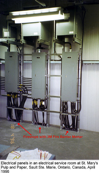 Electrical panels, cables and firestops in an electrical service room at a paper mill in Ontario, Canada
