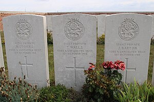 Graves of three soldiers of the York and Lancaster Regiment who died at Epinoy, France on 1 October 1918. Epinoy - Sucrerie Cemetery 19.jpg