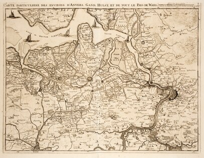 Karte von Flandern von 1712, links die Verbindung zwischen Gent und dem Braakman, mittig Sas van Gent darunter Zelzate (Selsaete)