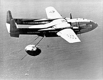 The recovery of Discoverer 14 return capsule (typical for the CORONA series). Fairchild C-119J Flying Boxcar recovers CORONA Capsule 1960 USAF 040314-O-9999R-001.jpg