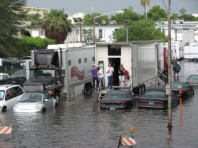 Burn Notice film crew in a flooded Miami Beach in 2009
