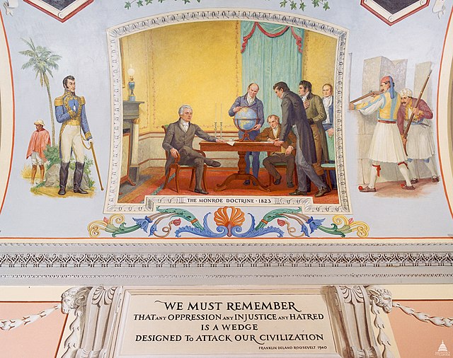 U.S. Capitol - oil painting by Allyn Cox - The Monroe Doctrine (1823), plus a quote from President Franklin D. Roosevelt (1940).