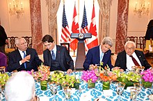 Colin Powell, Canadian Prime Minister Justin Trudeau, Secretary of State John Kerry, and Kissinger in March 2016