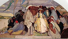 The 1725 return of an Osage bride from a trip to Paris, France. The Osage woman was married to a French soldier. Fort-orleans-return.jpg