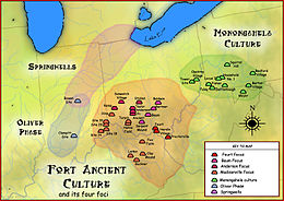 The Monongahela cultural region with some of its major sites and neighbors as of 1050~1635 AD Fort Ancient Monongahela cultures HRoe 2010.jpg