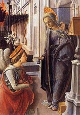 Détail de peinture. L'ange est à genoux devant Marie, qui s'écarte avec les mains écartées.
