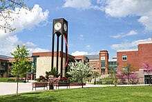 The lower quad of Frostburg State University in spring featuring the Clock Tower with CCIT and Compton Science Center in the background. FrostburgState-LowerQuad.jpg