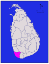 Landkaart van Galle District, convergerend naar binnen vanaf de zuidwestkust, in de zuidelijke provincie van Sri Lanka