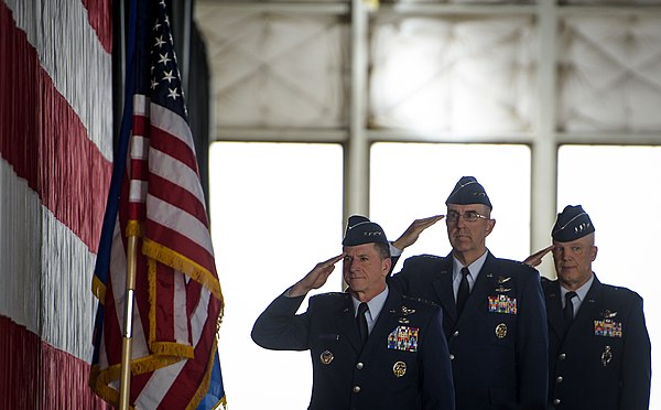 Raymond (right) with Gen Goldfein (left) and Gen Hyten (center) during the 2016 Air Force Space Command change of command
