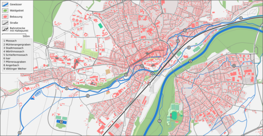 Arme der Moosach in Freising. Verlauf von West nach Ost. In Verbindungskanälen von Nord nach Süd