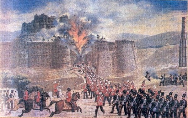 Bengal Sappers and Miners laying explosive charges and the subsequent storming of Ghazni. 23 July 1839, Battle of Ghazni, First Afghan War.