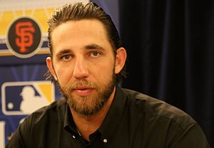 Giants pitcher Madison Bumgarner talks to reporters at 2016 All-Star Game availability. (28517984916).jpg
