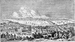 London, as it appeared from Bankside, Southwark, During the Great Fire -- Derived from a Print of the Period by Visscher GreatFireOfLondon1666 VictorianEngravingAfterVisscher300dpi.jpg