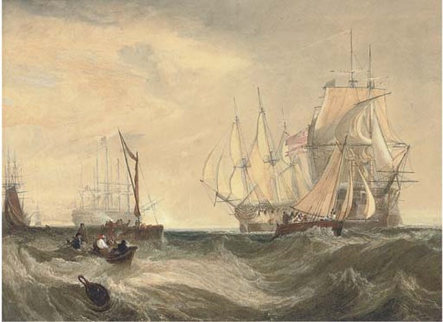 H.M. Ships Nemesis and Arrow bringing the Danish frigate Freja and her convoy into the Downs in July 1800. Clarkson Stanfield