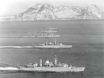 Some of the Advanced Group, pennants painted over, off Gibraltar March 1982