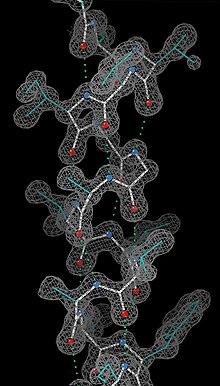 Structure of a protein alpha helix, with stick-figures for the covalent bonding within electron density for the crystal structure at ultra-high-resolution (0.91 A). The density contours are in gray, the helix backbone in white, sidechains in cyan, O atoms in red, N atoms in blue, and hydrogen bonds as green dotted lines. Helix electron density myoglobin 2nrl 17-32.jpg
