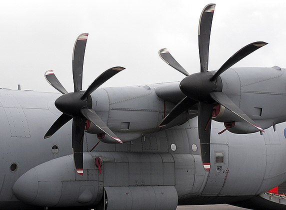 C-130J Super Hercules showing scimitar propellers with raked tips