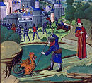 Illustrasjon til den franske ridderromanen Recueil des Histoires de Troye fra ca. 1475 viser en soldat i rustning som kjemper mot en basilisk