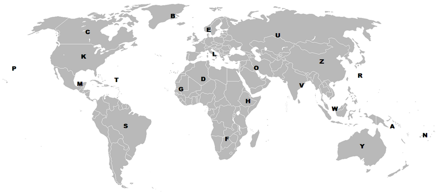 Wereldkaart met de verschillende eerste letters voor ICAO-luchthavencodes.