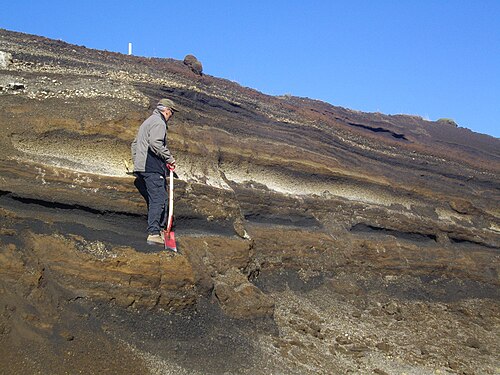 Tephra horizons in south-central Iceland. The thick and light-to-dark coloured layer at the height of the volcanologist's hands is a marker horizon of rhyolitic-to-basaltic tephra from Hekla.