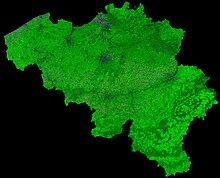 Photo made by PROBA-V in 300 m per pixel resolution of Belgium, showing land cover and vegetation growth