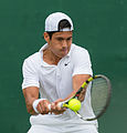 Jason Kubler competing in the first round of the 2015 Wimbledon Qualifying Tournament at the Bank of England Sports Grounds in Roehampton, England. The winners of three rounds of competition qualify for the main draw of Wimbledon the following week.