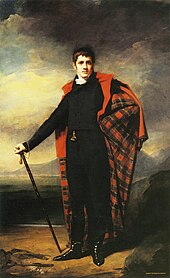 Young man in a black coat, trousers, and boots, a white cravat, and a voluminous tartan cloak with a red lining, holding a gentleman's cane