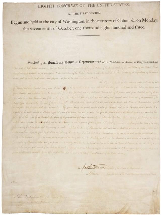 Certified Manuscript Copy of the Twelfth Amendment as Approved by Congress,  1803