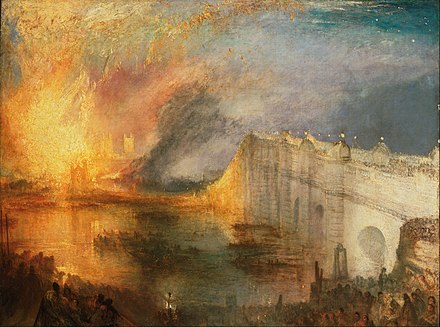 J. M. W. Turner watched the fire of 1834 and painted several canvases depicting it, including The Burning of the Houses of Lords and Commons (1835).
