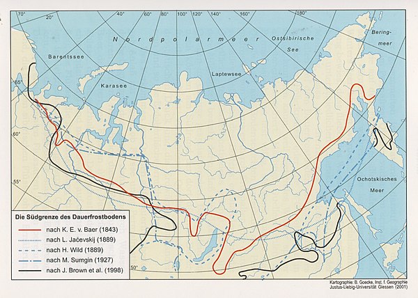 Southern limit of permafrost according to Karl Ernst von Baer (1843), and other authors. The southern limit of permafrost as delineated by Baer in 184