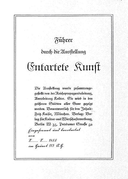 File:KAISER FRITZ FUEHRER DURCH DIE AUSSTELLUNG ENTARTETE KUNST 32S.SCANFRAKTUR 0000 Exhibition München 1937 Catalogue Cropped low res scanned file from Archive.org No known copyright CC BY-SA.jpg