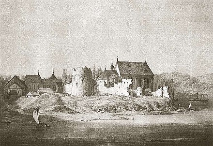Ruins of the Kaunas Castle with Church of St. George the Martyr in the distance, painted in the 19th century