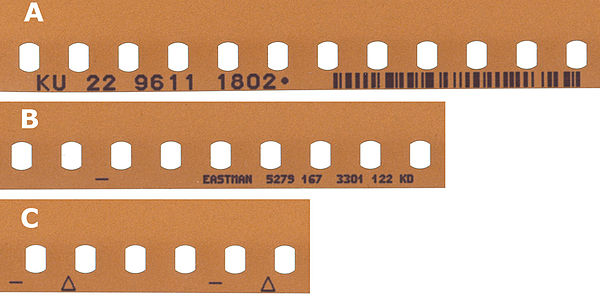A scanned image of Keykode from a piece of unexposed, developed 35 mm Eastman Kodak motion picture color negative. All of these slices are from the same side of the same piece of negative, cropped and stacked for simplicity. (A) Human-readable Keykode number (the number to the far right advances by one for each 16 frames of 35 mm film or 20 frames of 16 mm film). Next to that is the same information in USS-128 Barcode machine-readable language. (B) Further down the film (within the 16 frames) is the film identifier information and date symbol (C) Other-use symbols. This negative is from 1997. NOTE: The large white "A", "B" and "C" are NOT part of the Keykode and not part of the film, they have been added to the image here for clarification and identification purposes only. Keykode-edgecode.jpg