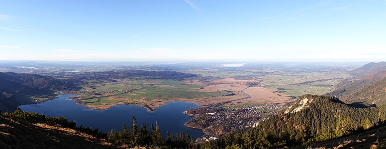 Lake Kochelsee and a view to Loisach and hills in left side of photo