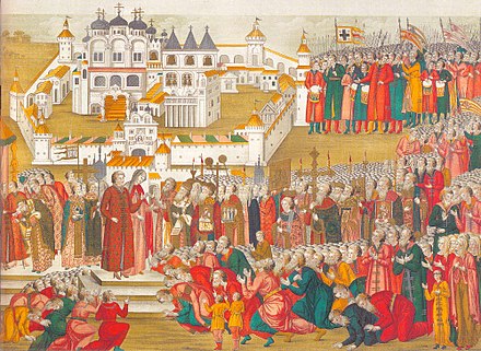 A crowd at the Ipatiev Monastery imploring Mikhail Romanov's mother to let him go to Moscow and become their tsar (Illumination from a book dated 1673).