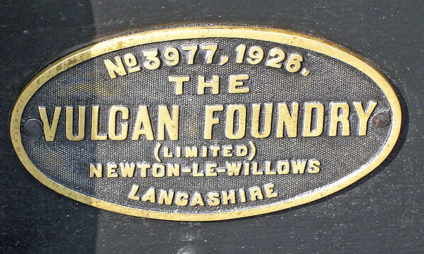 Vulcan Foundry works plate No. 3977 of 1926 on LMS Fowler Class 3F No. 47406 in 2012