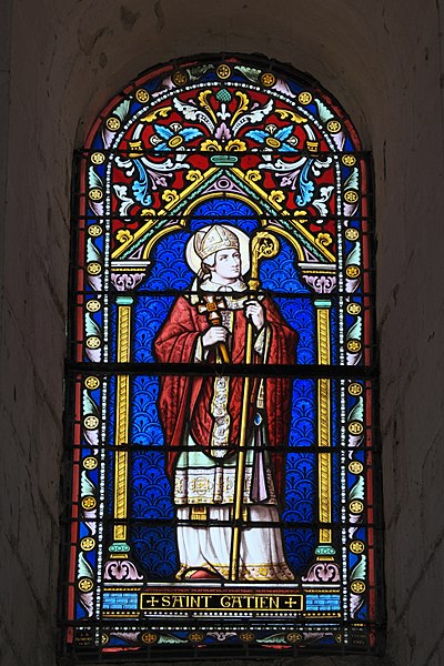 St. Gatianus depicted in a stained-glass window, Église Notre-Dame (La Celle-Guenand)