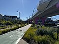 Western side of the elevated railway, landscaping and bicycle lanes at Bell station forecourt, August 2024