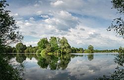 52. Platz: Raycer mit Landschaftsschutzgebiet „Obere Leine“ (LSG HS4): Blick auf eine Landzunge im Großen Döhrener Teich nahe dem Stadtteil Döhren (Hannover). Es handelt sich um ein Panorama-Stitching aus vier Bildern.