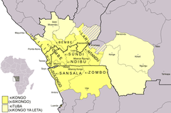 Map of the area where Kongo and Kituba as the lingua franca are spoken. NB: Kisikongo (also called Kisansala by some authors) is the Kikongo spoken in Mbanza Kongo. Kisikongo is not the protolanguage of the Kongo language cluster. LanguageMap-Kikongo-Kituba.png