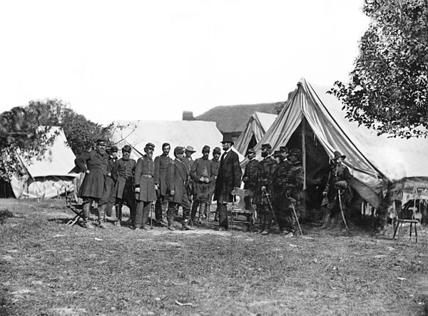 Custer (extreme right) with President Lincoln, General McClellan and other officers at the Battle of Antietam, 1862