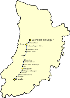 Route map of the Lleida–La Pobla Line within the province of Lleida.