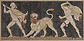 A lion hunt on a mosaic floor from Pella in Macedonia. Last quarter of the 4th century BC (Pella, Archaeological Museum). Lion hunt mosaic.jpg