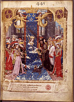 A diplomatic gift; A Burgundian ambassador, Louis de Gruuthuse presents Charles VIII of France with a copy of Le Livre des tournois by the king's cousin René of Anjou, 1489.