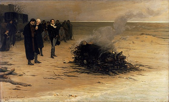 The Funeral of Shelley by Louis Edouard Fournier (1889); the group members, from left to right, are Trelawny, Hunt and Byron