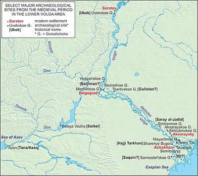 Map of the Medieval archaeological sites on the Lower Volga, including the proposed locations for Sarai. The map reflects the current repudiation of the identification of Old Sarai with Selitrennoe gorodishche (which is New Sarai) and of New Sarai with Tsarevskoe gorodishche (which is probably Gulistan). LowerVolga.jpg