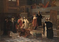 Ludovico il Moro rend visite à Léonard de Vinci dans le réfectoire de Santa Maria delle Grazie, milieu du XIXe siècle, Cherubino Cornienti. Derrière la blonde Moro, la duchesse Béatrice et le cardinal Ascanio admirent l’œuvre absorbée.